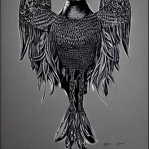 Prompt: detailed crow illustration, full body, surrealist, black ink on white paper, sketched 4k