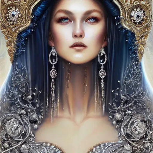 Image similar to a beautiful woman wearing a white dress made of silver with jewelry and diamonds by karol bak, ayami kojima, artgerm, sakimichan, arabian beauty, blue eyes, smile, concept art, fantasy