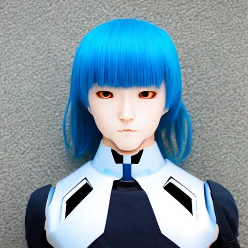 Image similar to japanese male android, pretty plastic face, blue hair, blue eyes, cute humanoid robot, face focus, realistic anime style