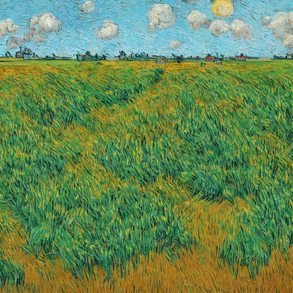 Prompt: painting of a windy summer cornfield painted in the style of Jackson Pollack, with lots of scumbling, scumbled thick oil paint, oily high relief, shiny and painted in a style of painting similar to Van Gogh but more impasto and less hatching