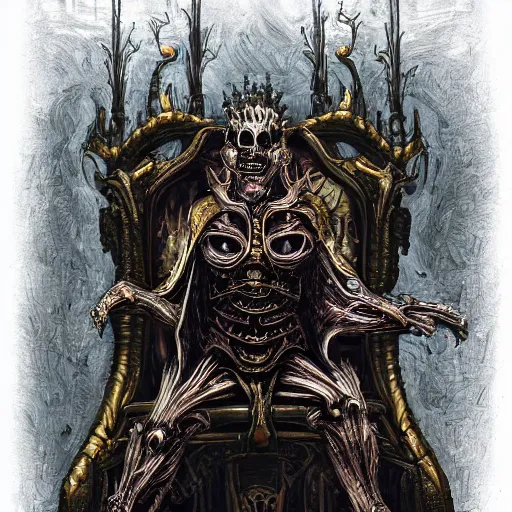 Image similar to illustration. the corpse emperor on his golden throne. 4 0 k. body horror. in the style of giger.