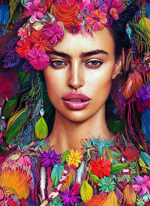 Image similar to beautiful portrait of Irina Shayk wearing dramatic Hand-dyed cotton dress,embellished beaded feather decorative fringe knots ,colorful pigtail,subtropical flowers and plants,symmetrical face,intricate,elegant,highly detailed,8k,digital painting,trending on pinterest,harper's bazaar,concept art, sharp focus, illustration,golden ratio,by artgerm,Tom Bagshaw,Lawrence Alma-Tadema,greg rutkowski