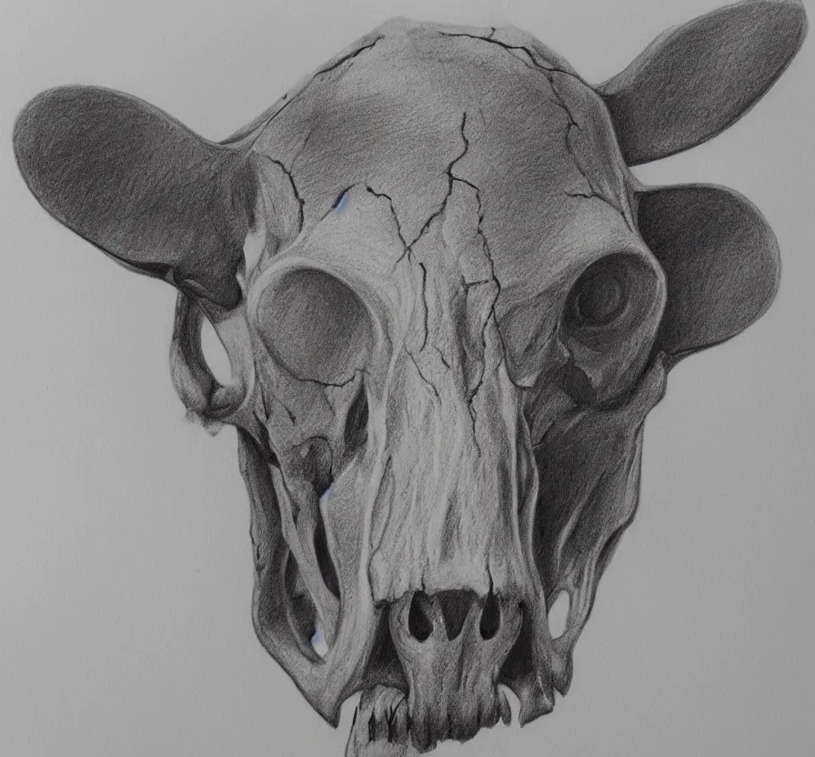 Image similar to cow skull, pencil drawing, pencil, black, sketch, on paper, realistic, detailed, artstation