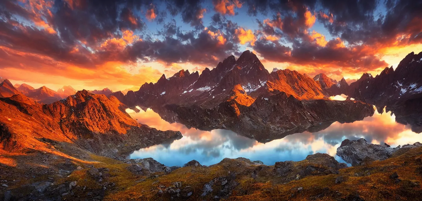 Image similar to amazing landscape photo of mountains with lake in sunset by marc adamus, beautiful dramatic lighting