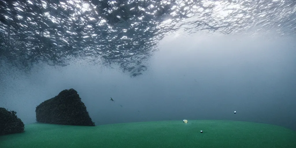 Image similar to a great photograph of the most amazing golf hole in the world under water, fish everywhere, perfect light, ambient light, 5 0 mm, golf digest, top 1 0 0, fog