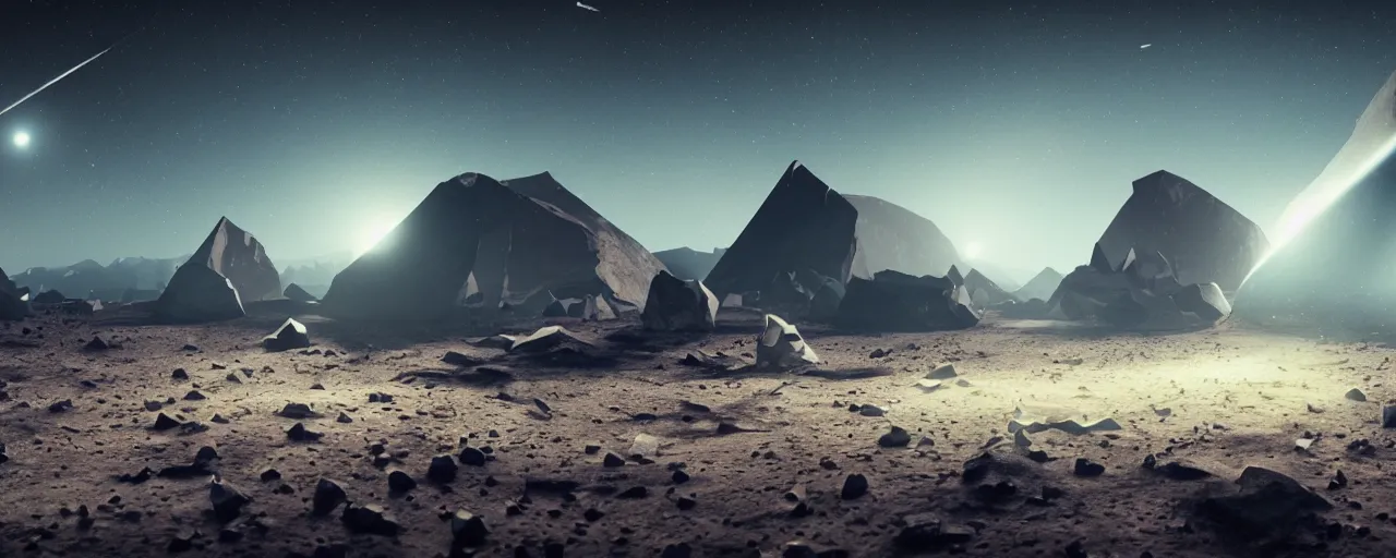 Image similar to movie still, angular minimalist obsidian asteroids, cell automata, unreal engine, octane render, detailed and intricate, cloudy, global illumination, volumetric lighting, hubble telescope images, james webb telescope images, detailed and intricate environment, color graded