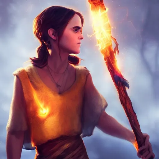 Prompt: Emma Watson wearing tattered animal tunic holding a glowing fire magical staff. Trending on Artstation, octane render, ultra detailed, art by Ross tran