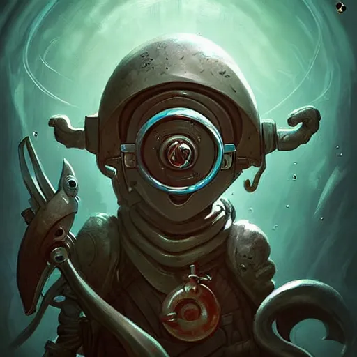 Image similar to evil AmongUs impostor anthropomorphic deep sea diver, tiny, small DnD character art portrait, matte fantasy painting, DeviantArt Artstation, by Jason Felix by Steve Argyle by Tyler Jacobson by Peter Mohrbacher, cinema
