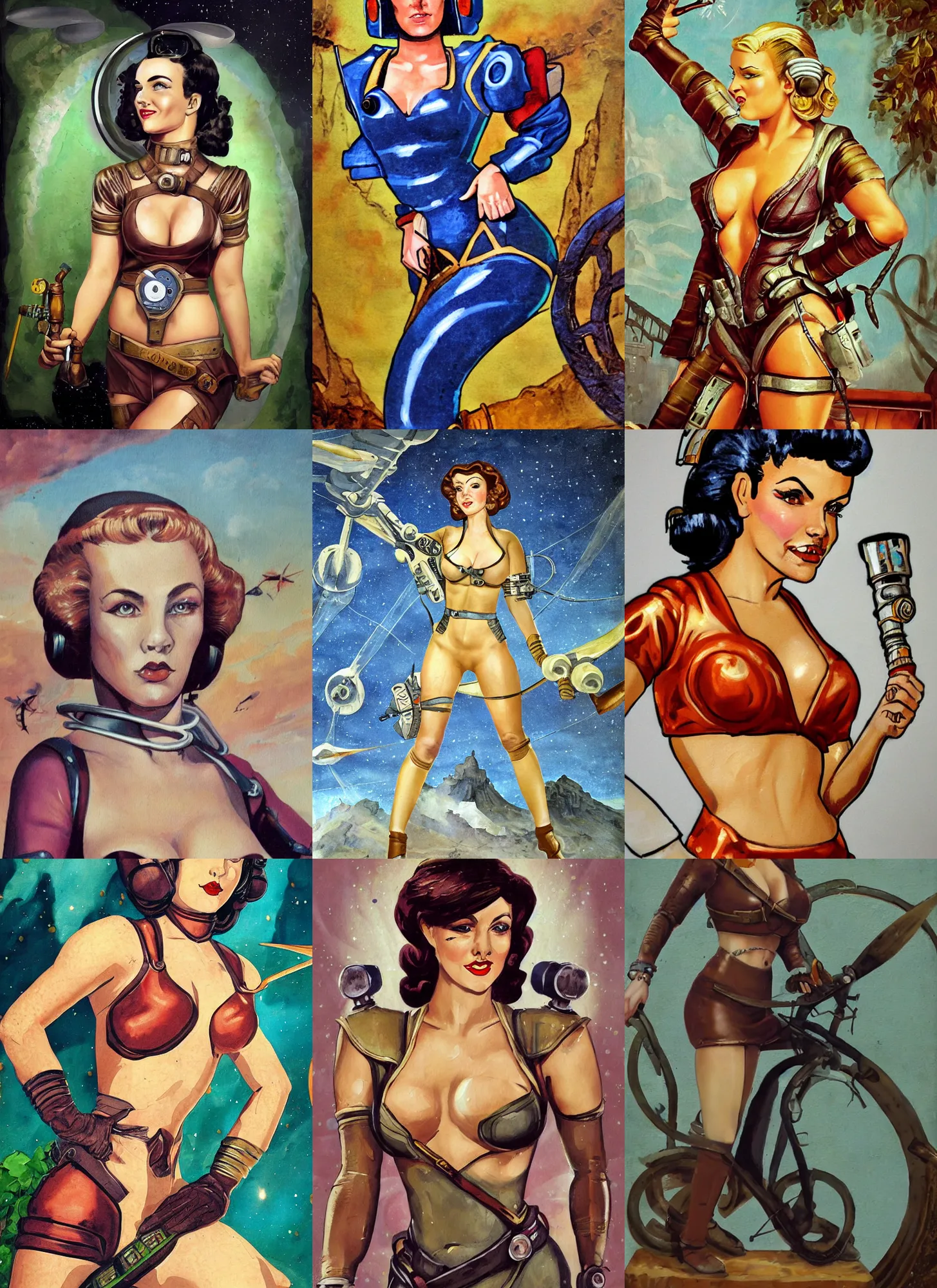 Prompt: fresco secco painting of a d & d style retro sci - fi pilot pinup, beautiful face and wearing full detailed clothing