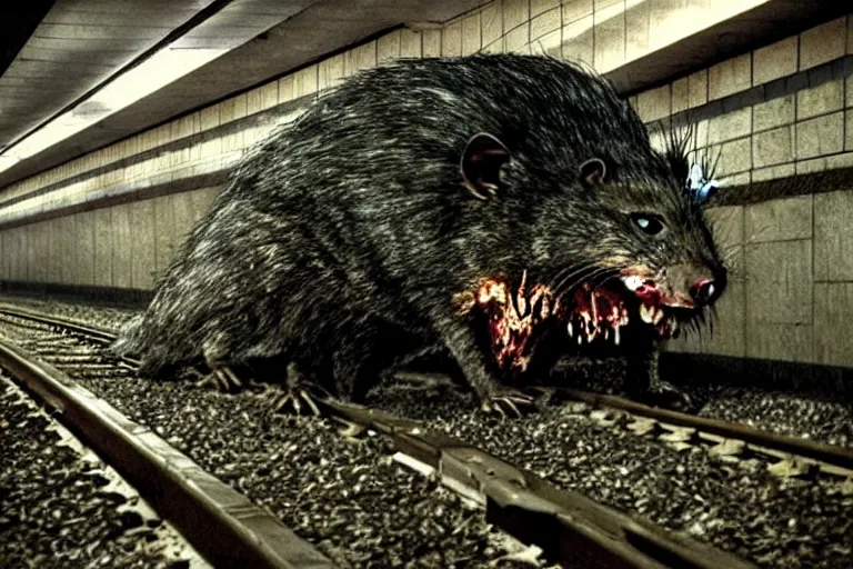 Image similar to very large giant mutant zombie irradiated ( angry rat ) staying on railways in tonnel of moscow subway. tonnel, railways, giant angry rat, furr, fangs, claws, very realistic. extreme long shot, 1 6 mm, herman nitsch, giger.