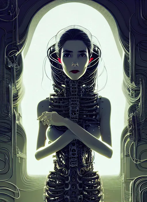 Prompt: highly detailed portrait of a biomechanical long curly white hair tribal lady, stray wiring by atey ghailan, james gilleard, by joe fenton, by greg rutkowski, by greg tocchini, by kaethe butcher, 4 k resolution, gradient yellow, black and white color scheme!!! ( ( dystopian robotic pyramid tomb background ) )