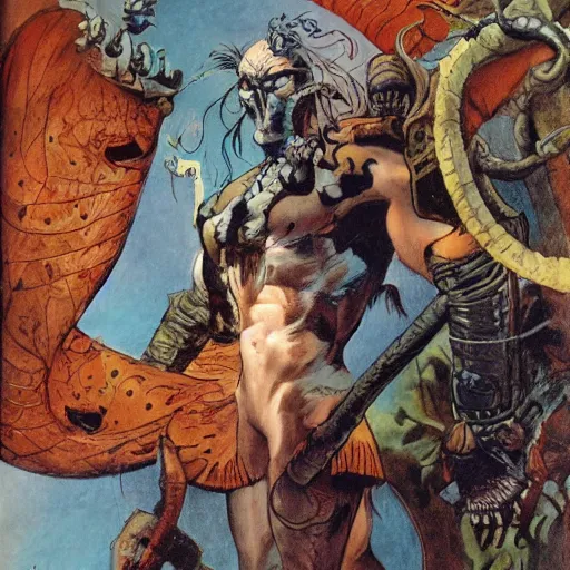 Image similar to the anthropomorphic representation of pi, frazetta and vallejo