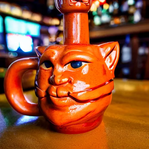 Image similar to a closeup photorealistic photograph of a glossy orange cat garfield style tiki mug sitting at a trader vic's bar featuring garfield's face. tiki party. bright scene. fine detail. this 4 k hd image is trending on artstation, featured on behance, well - rendered, extra crisp, features intricate detail, epic composition and the style of unreal engine.