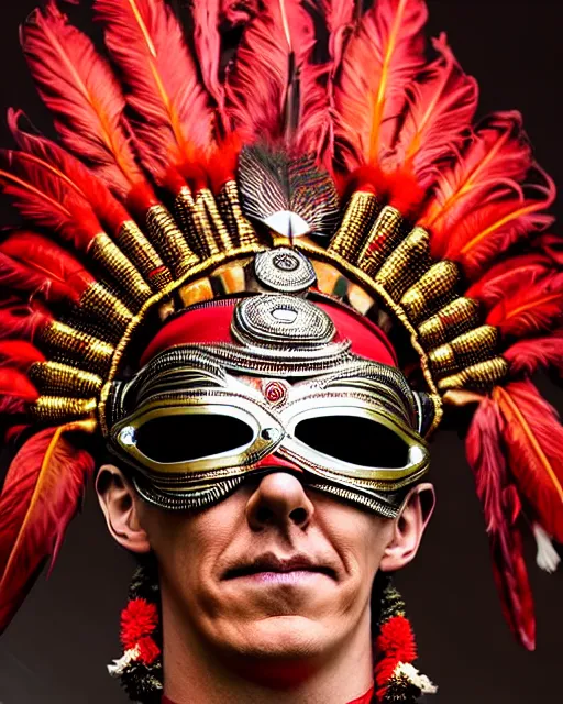 Prompt: photo of Benedict Cumberbatch as a Dramatic Theyyam male dancer with red indian headgear painted face wearing futuristic goggles and Roman soldier metallic armour with traditional theyyam costume in the style of stefan kostic, full body, feather native american headgear, realistic, sharp focus, symmetric, 8k high definition, insanely detailed, intricate, elegant, art by stanley lau and artgerm, Hajime Sorayama, William-Adolphe Bouguereau