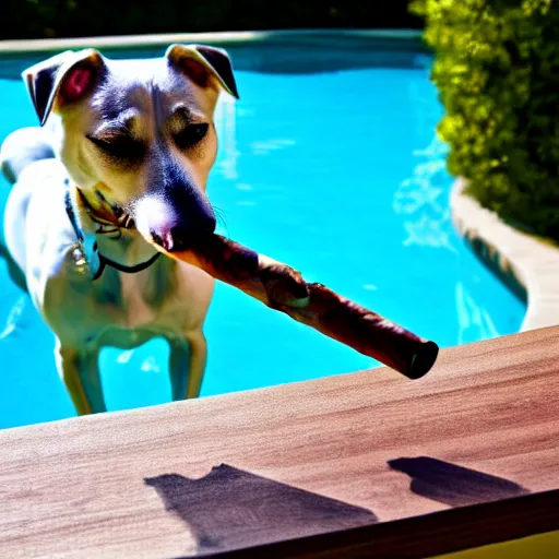 Image similar to a very detailed photo of a dog smoking a cigar outside the mansion by the pool