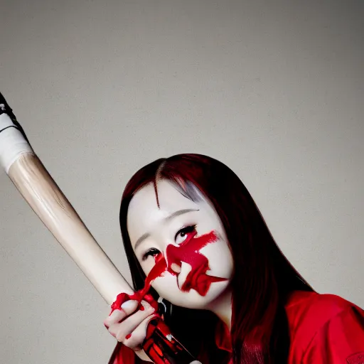 Image similar to photo of Chuu Kim Ji-woo from LOONA dressed as Negan, mischievous look with her barbed baseball bat Lucille, in the style of George Hurrell, white fog, octane render