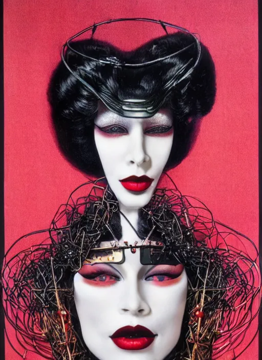 Image similar to an 8 0 s portrait of a woman with dark eye - shadow and red lips with dark slicked back hair, a mask made of wire and beads, dreaming acid - fueled hallucinations, psychedelic by serge lutens, rolf armstrong, delphin enjolras, peter elson, red cloth background, frilled blooming collar