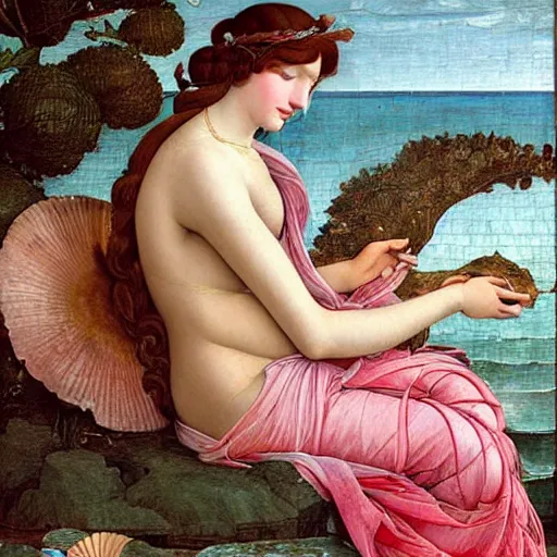 Prompt: an hyperrealistic mythological oil painting of venus with long curly brown hair, full body, wearing pink floral chiton, sing n a giant scallop shell, near the seashore, intricate lines, elegant, renaissance style, by sandro botticelli and william waterhouse