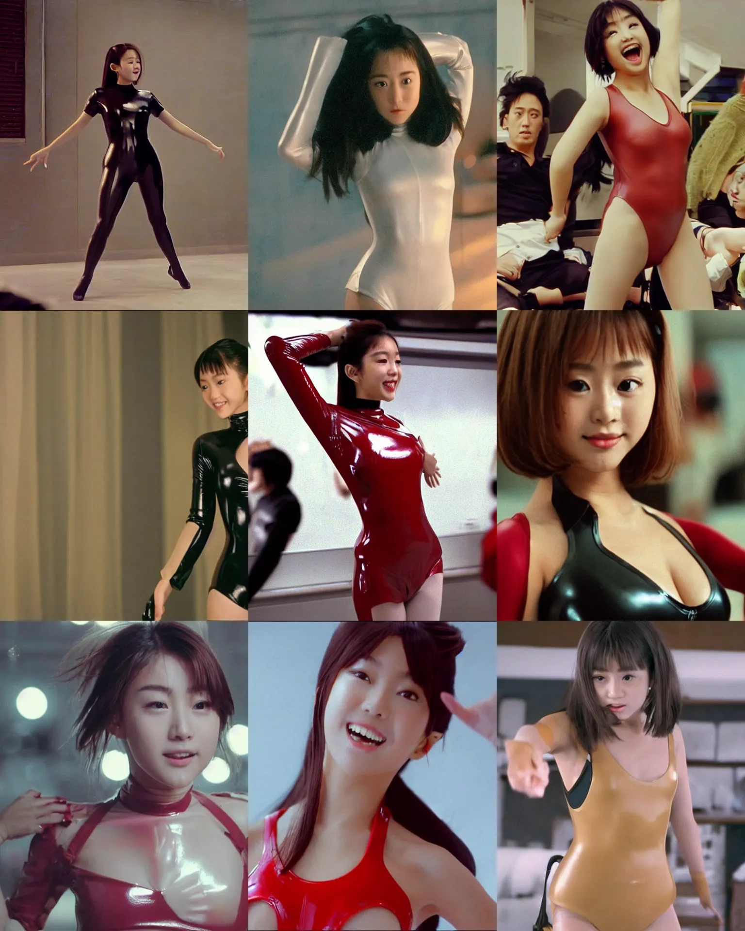 Image similar to Worksafe,clothed.1990s,unbelievably beautiful,perfect,dynamic,epic,cinematic movie shot of a close-up beautiful cute young J-Pop idol actress girl in latex leotard,expressing joy.By a Iranian movie director.Motion,VFX,Inspirational arthouse,high budget,hollywood style,at Behance,at Netflix,Instagram filters,Photoshop,Adobe Lightroom,Adobe After Effects,taken with polaroid kodak portra