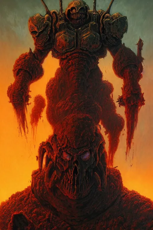 Prompt: portrait of doom slayer wearing his armor standing on top of a pile of demon corpses, heroic pose, by Zdzislaw Beksinski, id software, gothic, amazing details, volumetric lighting, 8k, cold hue's, warm tone gradient background