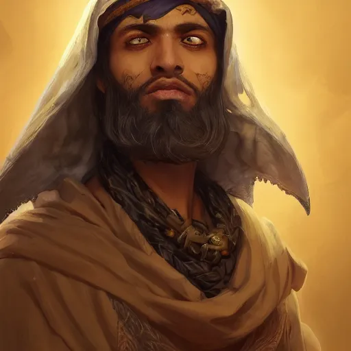 Image similar to portrait of young wild arabian nomad half werewolf, with yellow cloths, league of legends splash art, hearthstone splash art, full body shot, rule of thirds, ultrafine hyperrealistic detailed face, artgerm, greg rutkowski, trending on artstation, 8 k, intricately detailed, highly detailed