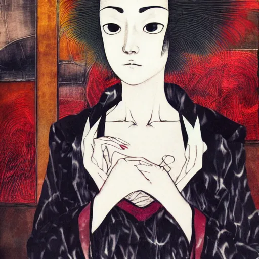 Image similar to yoshitaka amano blurred and dreamy realistic portrait of a woman with black eyes and white hair wearing dress suit with tie, junji ito abstract patterns in the background, satoshi kon anime, noisy film grain effect, highly detailed, renaissance oil painting, weird portrait angle, blurred lost edges, three quarter view