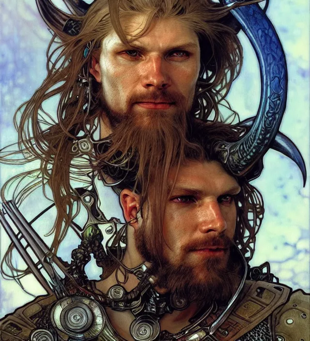 Prompt: realistic detailed face portrait of a grizzled futuristic viking warrior in alien cyberpunk armor by alphonse mucha, ayami kojima, amano, greg hildebrandt, and mark brooks, male, masculine, art nouveau, cyberpunk, neo - gothic, gothic, character concept design
