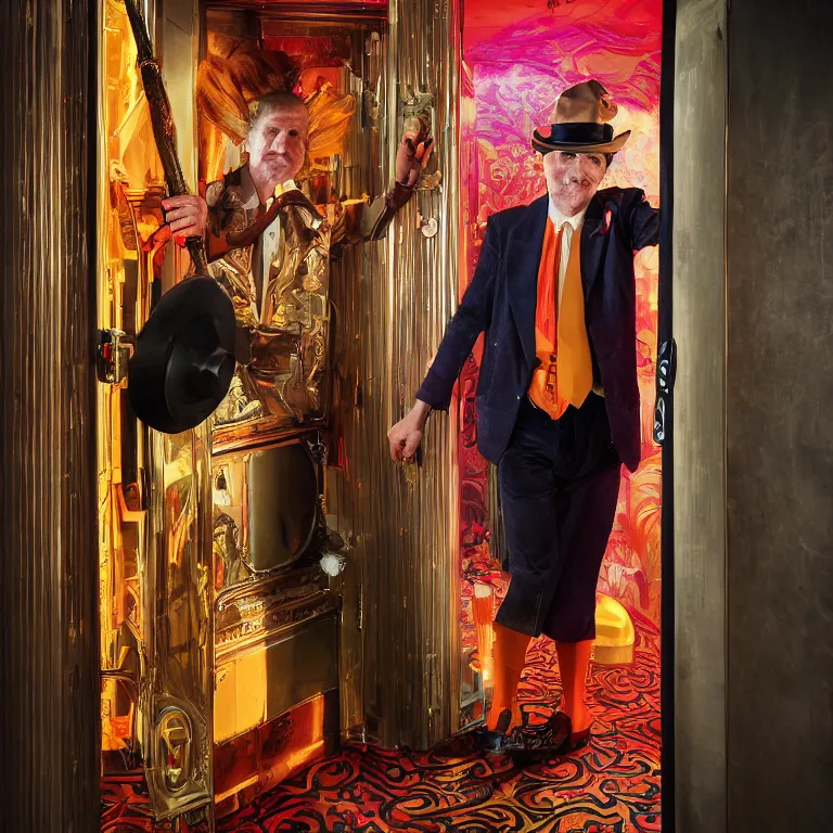 Prompt: professional octane render portrait by wayne barlow and carlo crivelli and glenn fabry, a flamboyant man in a bright colorful saturated wes anderson elevator operator costume inside a dark and moody vintage elevator in a high - end exotic vintage boutique hotel, very short depth of field, bokeh