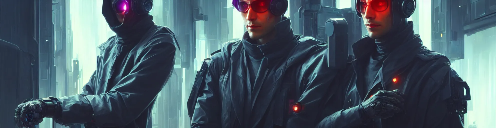 Image similar to Hacker cyberpunk man portrait, highly detailed, digital painting, artstation, concept art, smooth, sharp focus, illustration, art by artgerm and greg rutkowski and alphonse mucha