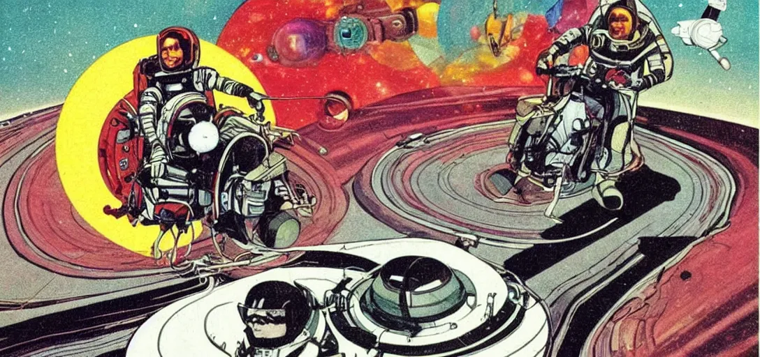 Image similar to astronaut riding on a monocycle on saturn ring, comic style, pulp magazine, vintage scifi