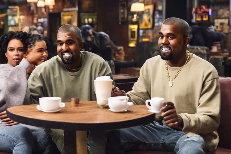 Prompt: Kanye West and Queenz Flip (2018) are best friends, drinking coffee at central perk, still photo, hyperrealistic, 35mm, 8k, by weta digital