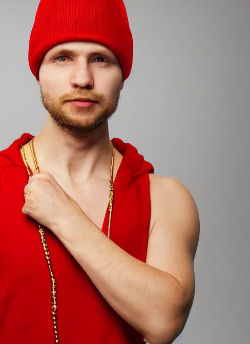 Prompt: portrait of a lithuanian man wearing a red beanie and sleeveless hoodie, gold necklace, highly detailed, realistic, studio quality, studio photo, studio lighting, trending on artstation, sharp focus, 4 k