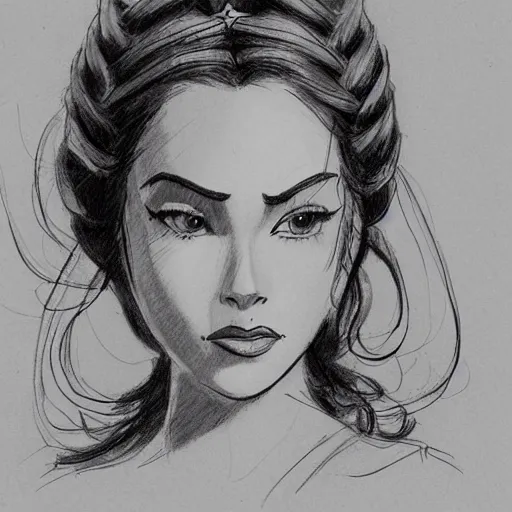 Image similar to milt kahl sketch of vanessa hudgeons with done up hair, tendrils covering face and ponytail as princess padme from star wars episode 3