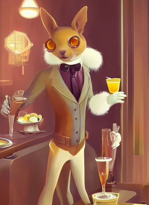 Image similar to squirrel anthro as a dapper bartender with a big fluffy tail, retro futurism, art deco, detailed painterly digital art by WLOP Cory Loftis, 🐿🍸🍋, furaffinity, trending on artstation