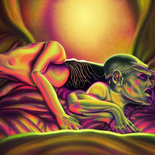 Image similar to sleep paralysis on peyote, high quality art, digital art