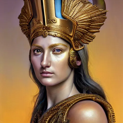 Image similar to hyperrealistic mixed media painting of beautiful goddess Athena, stunning 3d render inspired art by P. Craig Russell and Barry Windsor-Smith, perfect facial symmetry, dim volumetric lighting, full full full full face face face face face 8k octane beautifully detailed render, headpiece headpiece headpiece, post-processing, portrait, extremely hyper-detailed, intricate, epic composition, brown brown brown eyes eyes eyes eyes, realistic realistic realistic eyes, cinematic lighting, masterpiece, trending on artstation, detailed detailed detailed, masterpiece, stunning