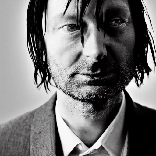 Image similar to a black and white photo of radiohead in a suit, a portrait by John E. Berninger, behance, private press, ultrafine detail, chiaroscuro, studio portrait