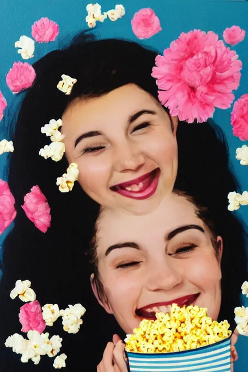 Image similar to portrait of a happy girl, lots of flowers and popcorn around, hyperrealistic, hightech