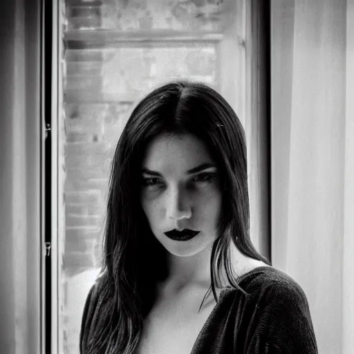 Image similar to black and white fashion photograph highly detailed portrait of a depressed beautiful 35 years old model woman standing by the window, natural light, lomo, fashion photography, film grain, soft vignette, sigma 85mm f/1.4 1/10 sec shutter