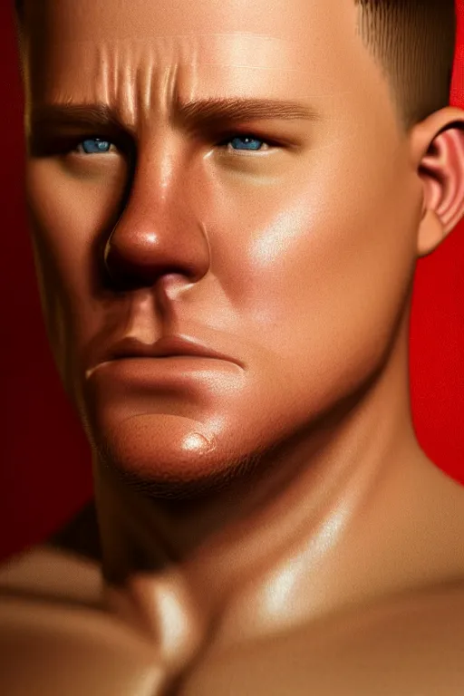 Image similar to a head shot of channing tatum as half human and a tater tot on a plate, tater tot face, ef 8 5 mm f 1. 8 usm, bionic scifi alexandre ferra, hyper detailed, digital art, trending in artstation, cinematic lighting, studio quality, smooth render, unreal engine 5 rendered, octane rendered