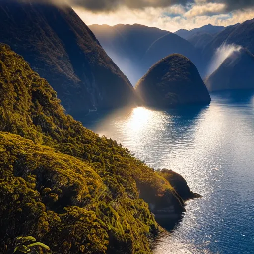 Prompt: new zealand doubtful sound, epic landscape photography, low camera angle, waterfall, golden hour, god rays, aspect ratio 1 6 : 9