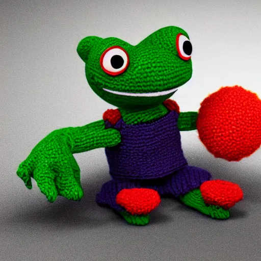 Prompt: super cute sad 🐸 made out of sweaters and yarn octane rendering vivid cinematic lighting 4k