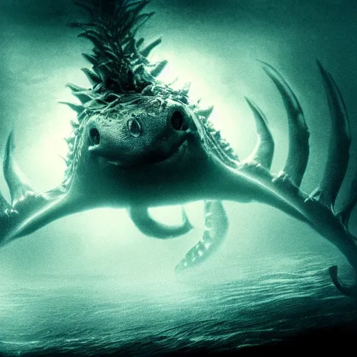 Prompt: sea monster about to eat pov underwater, foggy water, dark, dramatic,'silent hill ', big eyes, terrifying, cinematic