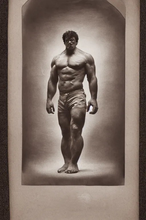 Image similar to the incredible hulk, portrait, full body, symmetrical features, silver iodide, 1 8 8 0 photograph, sepia tone, aged paper, master prime lenses, cinematic