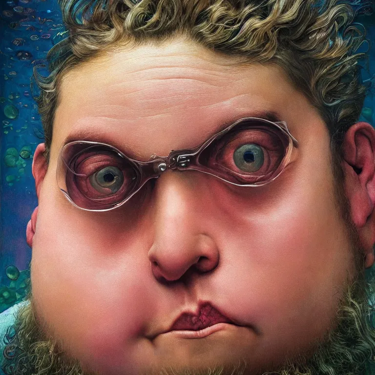 Prompt: Hyperrealistic intensely colored close up studio Photograph portrait of a deep sea bioluminescent Jonah Hill, symmetrical face realistic proportions eye contact, sitting in His throne underwater, award-winning portrait oil painting by Norman Rockwell and Zdzisław Beksiński vivid colors high contrast hyperrealism 8k