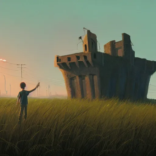 Prompt: a highly detailed matte painting of a kid standing in front of an abandoned walking fortress in a tall grass field, Simon Stalenhag, featured on Artstation