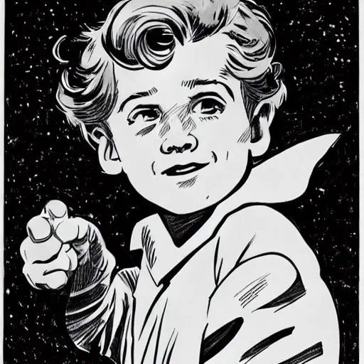 Image similar to a cute little boy with a mischievous face and ginger hair. he is dressed as a superhero. well composed, clean elegant painting, beautiful detailed face. comic book art by steve ditko and jack kirby and ( alphonse mucha )