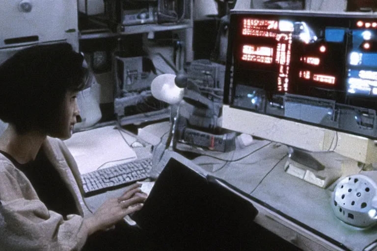 Image similar to alien using a computer to check her email submerged in translucent goo, over the shoulder perspective, in 1 9 8 5, y 2 k cybercore, industrial photography, still from a kiyoshi kurosawa movie