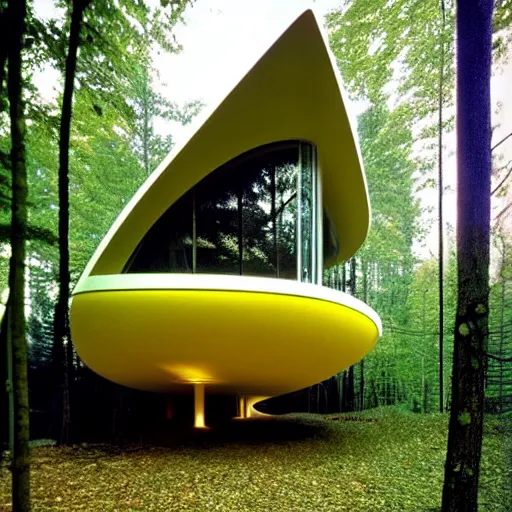 Prompt: architecture ad for a mid-century modern house in the middle of the forrest, designed by Zaha Hadid. Shell. Film grain, cinematic, yellow hue