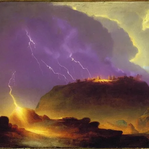 Prompt: a large purple cliff surrounded by purple lightning with an army in the foreground by john martin oil on canvas